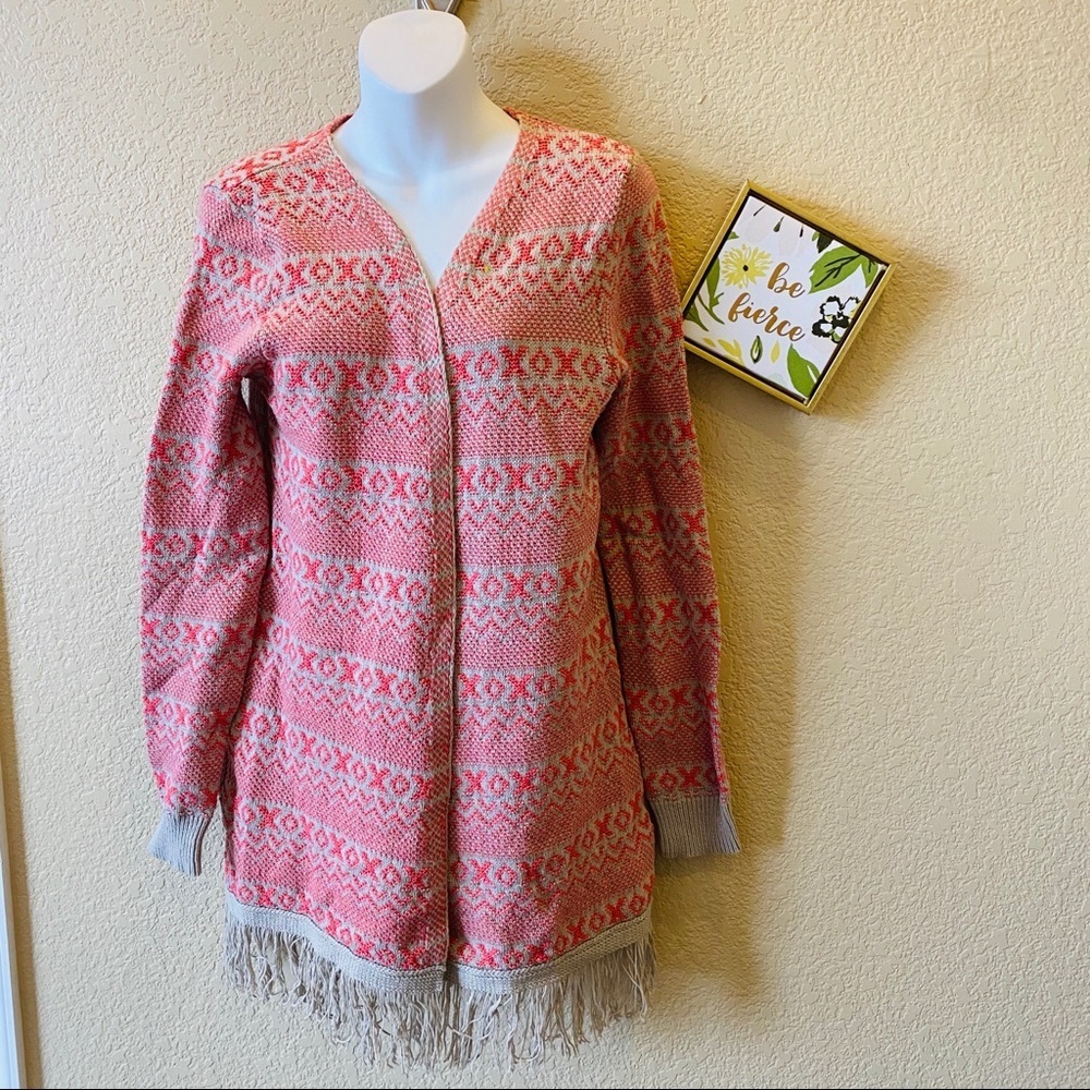 Natural Reflections Womens Coral Tan Geometric Fringe Open Front Cardigan Medium